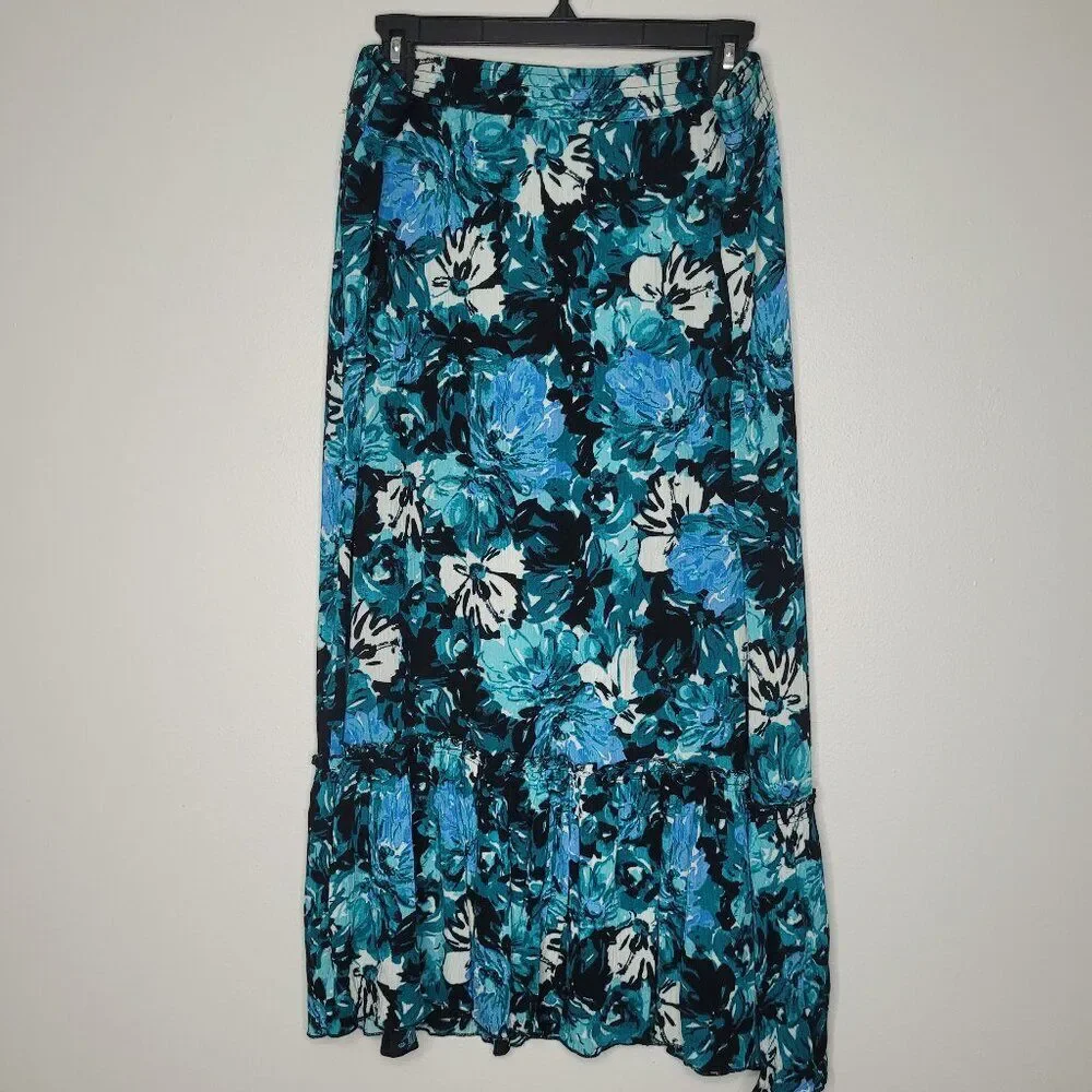 Vintage y2k 90s black blue grunge floral tiered midi pull on skirt size large